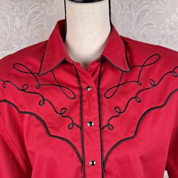Vintage Panhandle Slim Size Medium Red Western Shirt Black Embroidery Snap Front - Picture 2 of 14